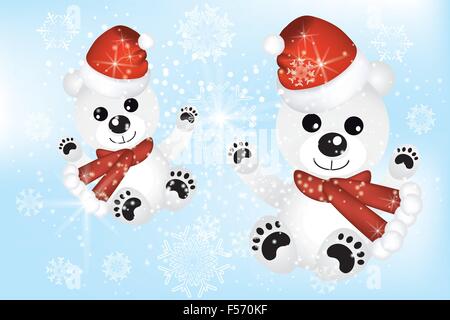 Lovely Christmas card with cute polar bears in snow Stock Vector