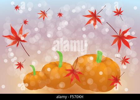 Thanks giving card template without text with pumpkins and maple leafs on rainbow background - eps 10 vector Stock Vector