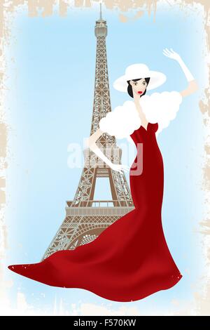 Fashion show in Paris - eps10 vector illustration of fashion model above Eiffel tower in vintage-retro look Stock Vector