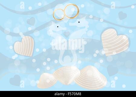 Wedding card with seahorses and wedding rings, hearts and mussels on ocean background - eps 10 vector Stock Vector