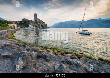 Scaliger Castle on rocky coastline, Malcesine, Italy, EU, Europe Stock Photo