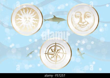 Abstract retro illustration with sun, moon and wind rose on ocean background - eps 10 vector Stock Vector