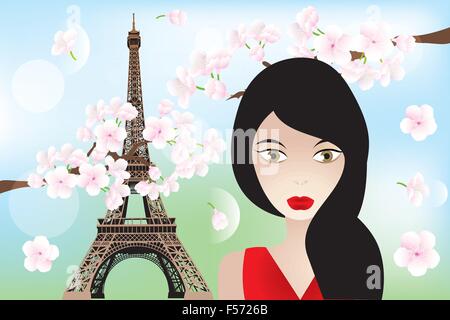 Unique eps10 vector illustration with beautiful woman, Eiffel-towerand cherry-blossoms Stock Vector