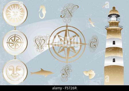 Hand drawn antique nautical design elements and high detailed lighthouse with lights on - eps10 vector illustration Stock Vector