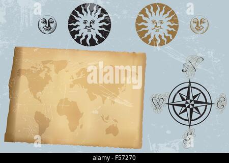 Antique vintage world map and wind rose and symbols of moon and sun - eps10 vector illustration Stock Vector