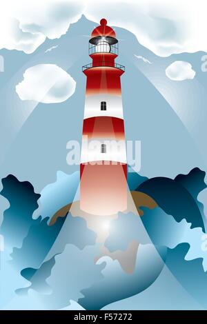 Lighthouse lights on over the unsteady sea under the cloudy sky rimmed by big water waves - high detailed eps10 vectors Stock Vector