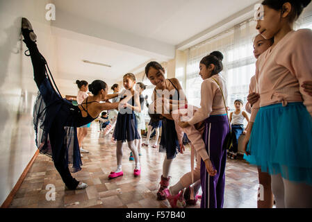 First year students rest during break in Bishkek choreographic school by Bazarbaev, Bishkek, Kyrgyzstan Stock Photo