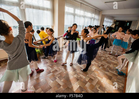 First year students rest during break in Bishkek choreographic school by Bazarbaev, Bishkek, Kyrgyzstan Stock Photo