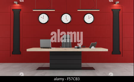Red and black modern office with desk,chair and shape of classical columns on the wall - 3d Rendering Stock Photo