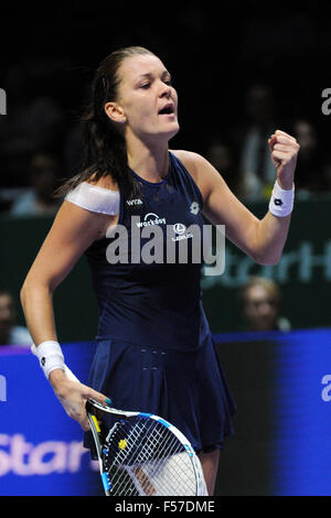 Singapore. 29th Oct, 2015. Agnieszka Radwanska of Poland reacts during her match against Simona Helep of Romania at the WTA finals tennis tournament in Singapore, on Oct. 29, 2015. Radwanska won 2-0. Credit:  Then Chih Wey/Xinhua/Alamy Live News Stock Photo