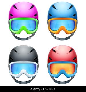 Set of Classic Ski helmets and snowboard goggles. Vector isolated on white background Stock Vector