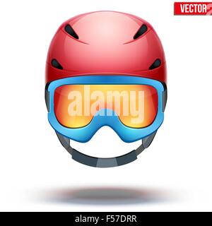 Front view of Classic red Ski helmet and blue snowboard goggles. Vector isolated on white background Stock Vector