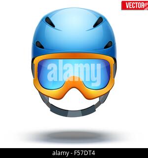 Front view of Classic blue Ski helmet and orange snowboard goggles. Vector isolated on white background Stock Vector
