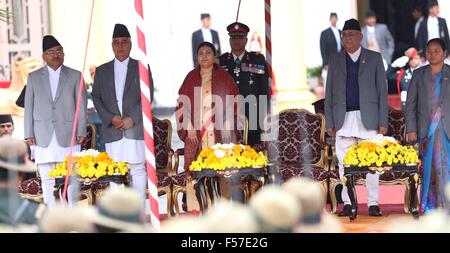 Kathmandu, Nepal. 29th Oct, 2015. Bidhya Devi Bhandari (3rd L), Nepal's newly-elected president, attends the oath-taking ceremony in Kathmandu, Nepal, on Oct. 29, 2015. Nepal's parliament on Wednesday elected Bidhya Devi Bhandari, vice chairperson of the Communist Party of Nepal (Unified Marxist-Leninist) as the country's first female president. © Sunil Sharma/Xinhua/Alamy Live News Stock Photo