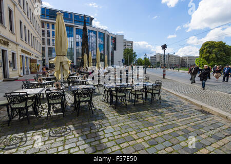 DRESDEN, GERMANY - SEPTEMBER 09, 2015: Street cafe in old town. Dresden is the capital city of the Free State of Saxony. Stock Photo