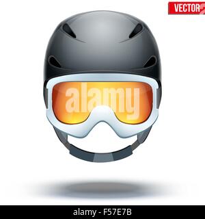 Front view of Classic black Ski helmet and snowboard goggles. Vector isolated on white background Stock Vector