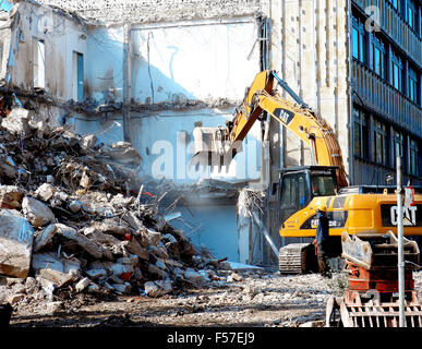 Building demolition with excavator, Munich, Germany Stock Photo