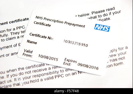 NHS prescription prepayment certificate (useful when lots of medication is taken eg 2 or more scripts a month) Stock Photo