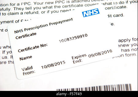 NHS prescription prepayment certificate (useful when lots of medication is taken eg 2 or more scripts a month) Stock Photo