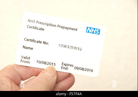 Woman holding an NHS prescription prepayment certificate (useful when lots of medication is taken eg 2 or more scripts a month) Stock Photo