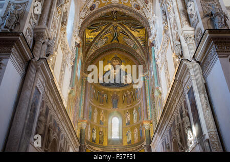 Christ Pantocrator mosaic in Altar of Cathedral Basilica of Cefalu, Sicily. Italy. Stock Photo