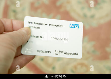 Woman holding an NHS prescription prepayment certificate (useful when lots of medication is taken eg 2 or more scripts a month) Stock Photo