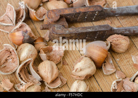 nutcracker and nuts on wooden background Stock Photo