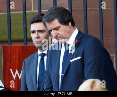 Liverpool Cathedral, Liverpool, UK. 29th Oct, 2015. Funeral of Howard Kendall. Labour MPs Andy Burnham MP (left) and Steve Rotherham MP attend today's funeral service at Liverpool's Anglican Cathedral for the former Everton manager, Howard Kendall, who passed away earlier this month aged 69. Credit:  Action Plus Sports/Alamy Live News Stock Photo