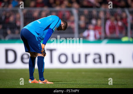 Cologne, Germany. 28th Oct, 2015. Koeln's goalkeeper Nico-Stephano Pellatz reacts at the DFB Cup match between Viktoria Koeln and Bayer Leverkusen in Sportpark Hoehenberg in Cologne, Germany, 28 October 2015. Photo: MARIUS BECKER/dpa/Alamy Live News