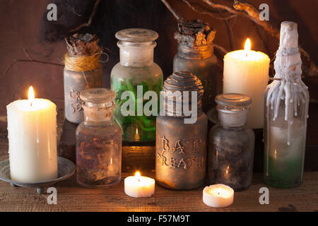 witch apothecary jars magic potions halloween decoration Stock Photo