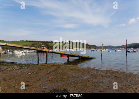 Slipway and Boats Moored at Low Tide in Salcombe Devon. Stock Photo