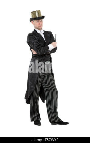 Illusionist Shows Tricks with a Magic Wand, on white background Stock Photo