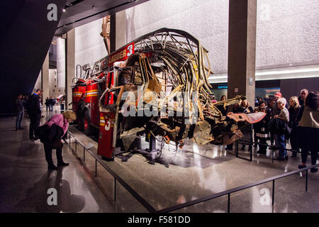 Crushed fire truck, ladder 3, National September 11 Memorial & Museum 9/11, New York City, United States of America. Stock Photo