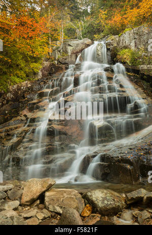 Face view of magnificent Cloudland Falls on Dry Brook, with autumn foliage, along the Falling Waters Trail in Franconia Notch. Stock Photo