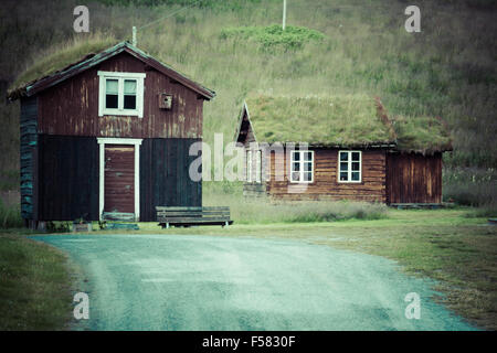 Norwegian typical grass roof country house Stock Photo