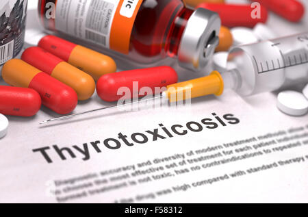 Thyrotoxicosis - Printed Diagnosis with Red Pills, Injections and Syringe. Medical Concept with Selective Focus. Stock Photo