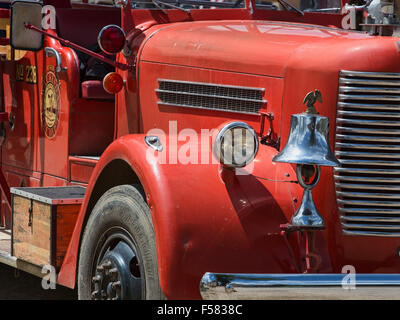 Red fire truck historic rural town Stock Photo