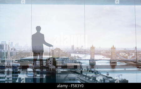 double exposure view of abstract business traveler