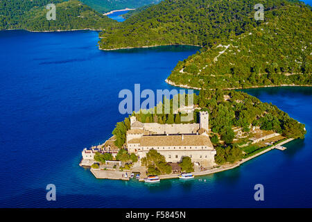 Croatia, Dalmatia, Dubrovnik-Neretva, Mljet island, Mljet National Park,  Benedictine Monastery on St. Mary Island in Veliko Jez Stock Photo