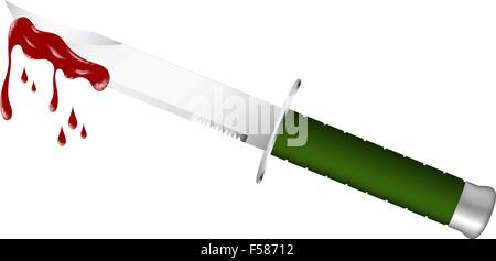 Military knife with dark green handle and bloody blade Stock Vector