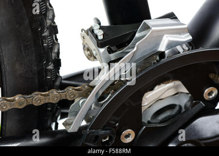 closeup of front derailleur of used mountain bike (MTB) Stock Photo