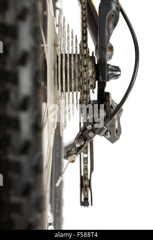 closeup of rear derailleur of mountain bike (MTB) view from the back side, isolated on white Stock Photo