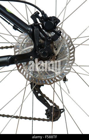 rear hydraulic disk brake and rotor of mountain bike (MTB), isolated on white Stock Photo