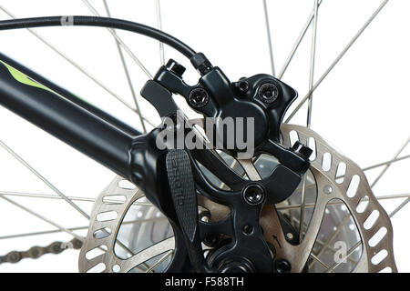 rear hydraulic disk brake and rotor of mountain bike (MTB), isolated on white Stock Photo