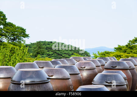 platform for crocks of raw rice wine (called Makgeolli) in Korea. Stock Photo