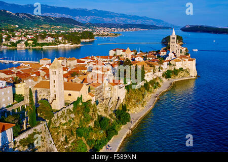 Croatia, Kvarner bay, island and city of Rab, succession of bell towers Stock Photo