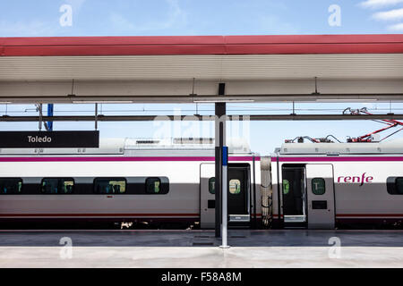 Toledo Spain,Europe,Spanish,Hispanic Toledo railway station,platform,AVE high-speed,Renfe,passenger train,Spain150702030 Stock Photo