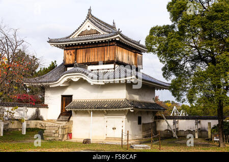 Japan, Okayama castle. The two level corner Tsukimi Yagura, turret, an original building, now a National Treasure, early morning. Stock Photo