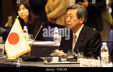 Seoul, South Korea. 30th Oct, 2015. Japan's minister of economy Motoo Hayashi reacts during the 10th China-Japan-South Korea economic and trade ministers' meeting in Seoul, capital of South Korea, Oct. 30, 2015. Credit:  Yao Qilin/Xinhua/Alamy Live News Stock Photo