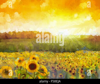Sunflower flowers blossom. Oil painting of a rural sunset landscape with a golden sunflower field Stock Photo